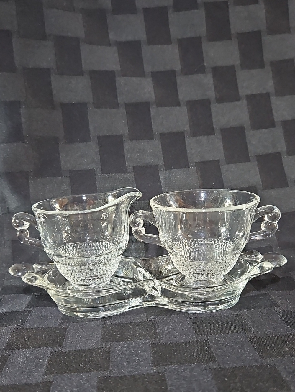 Duncan & Miller Teardrop Clear Glass Creamer, Sugar & Tray - UV Manganese Glow